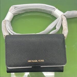 Michael Kors Black Crossbody Bag with Gold Brand Plate and Adjustable Strap